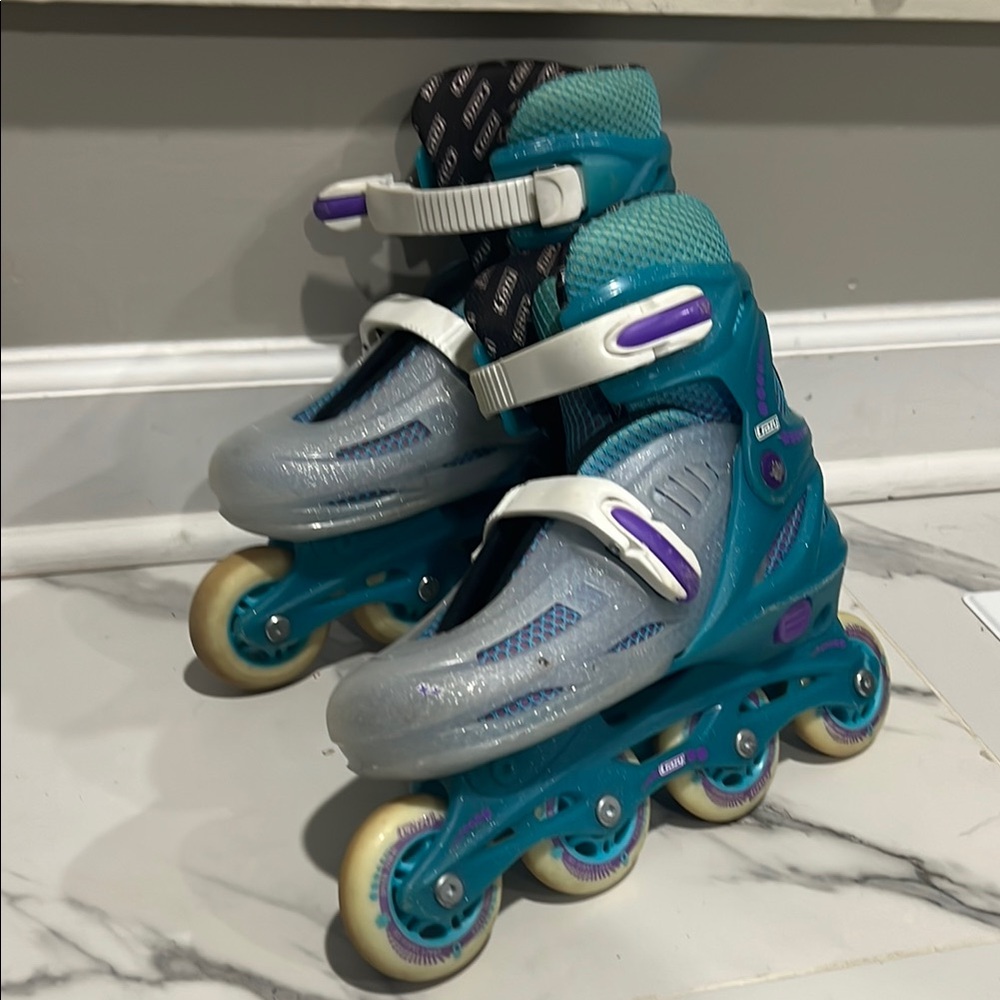 Teal and Gray Rollerblades with Purple Details